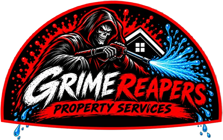 Grime Reapers Property Services logo: a hooded reaper blasting grime with a pressure washer